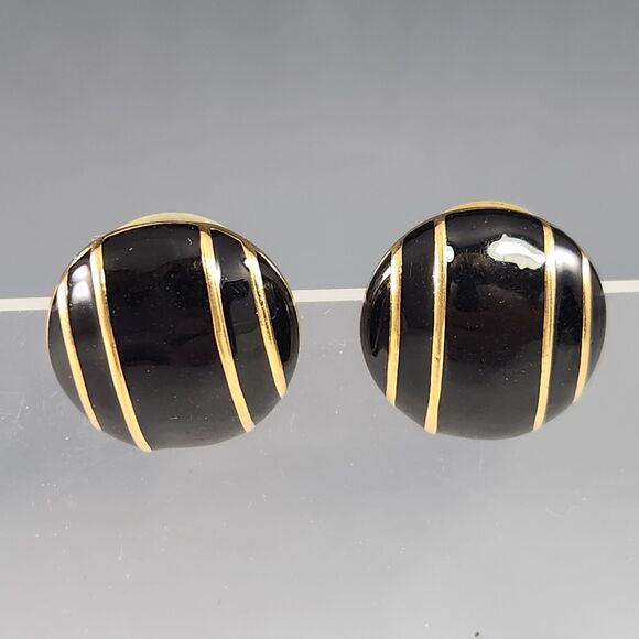 Monet Gold Black Stripe Earrings Enamel Post Pierced Ears VTG Costume Jewelry - Picture 1 of 8